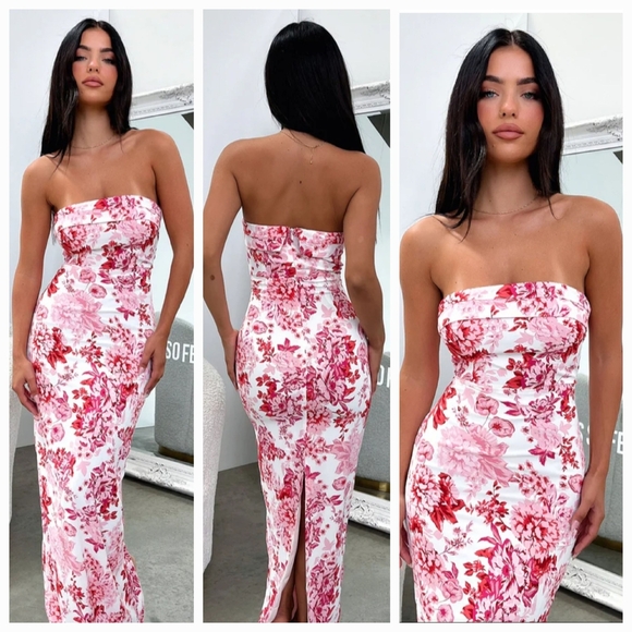 Floral Strapless Maxi Dress - Pink and White - Picture 1 of 12
